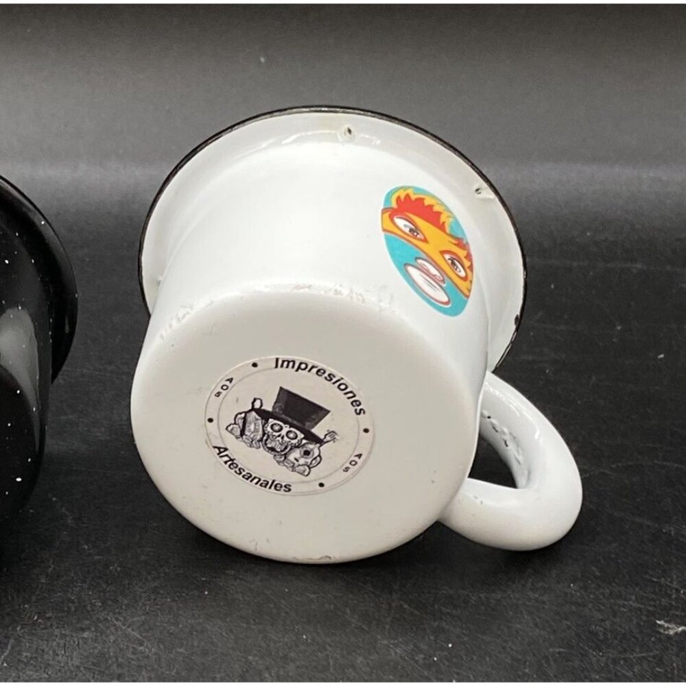 Enamelware Espresso 2 Coffee Cup SRAM Malinalco White Black Lucha Libre - Picture 7 of 8